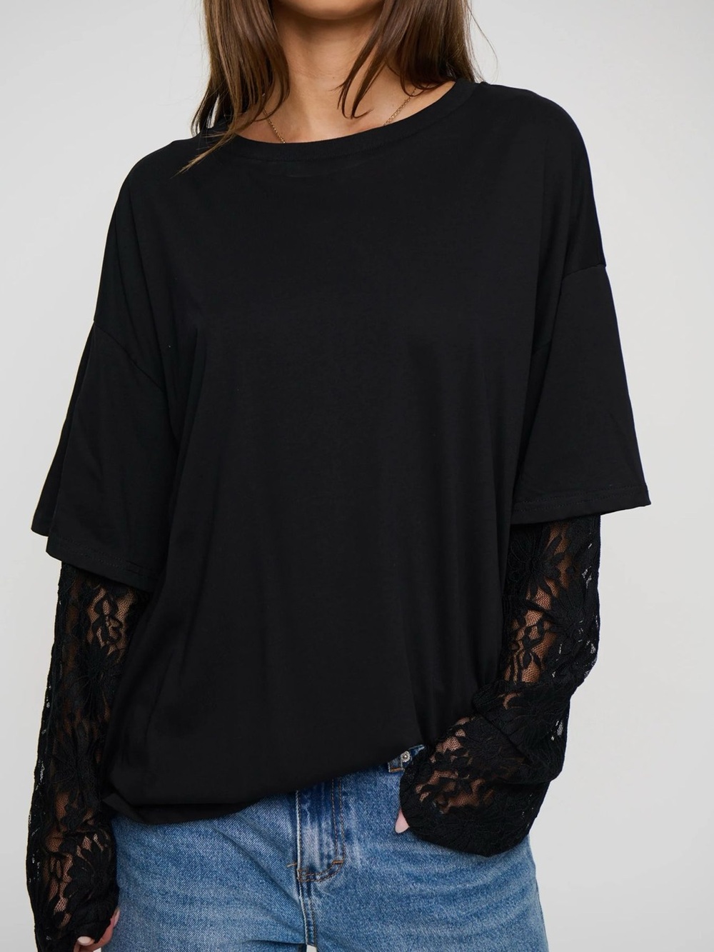 Layered Lace-Sleeve T-Shirt - Picture 6 of 12